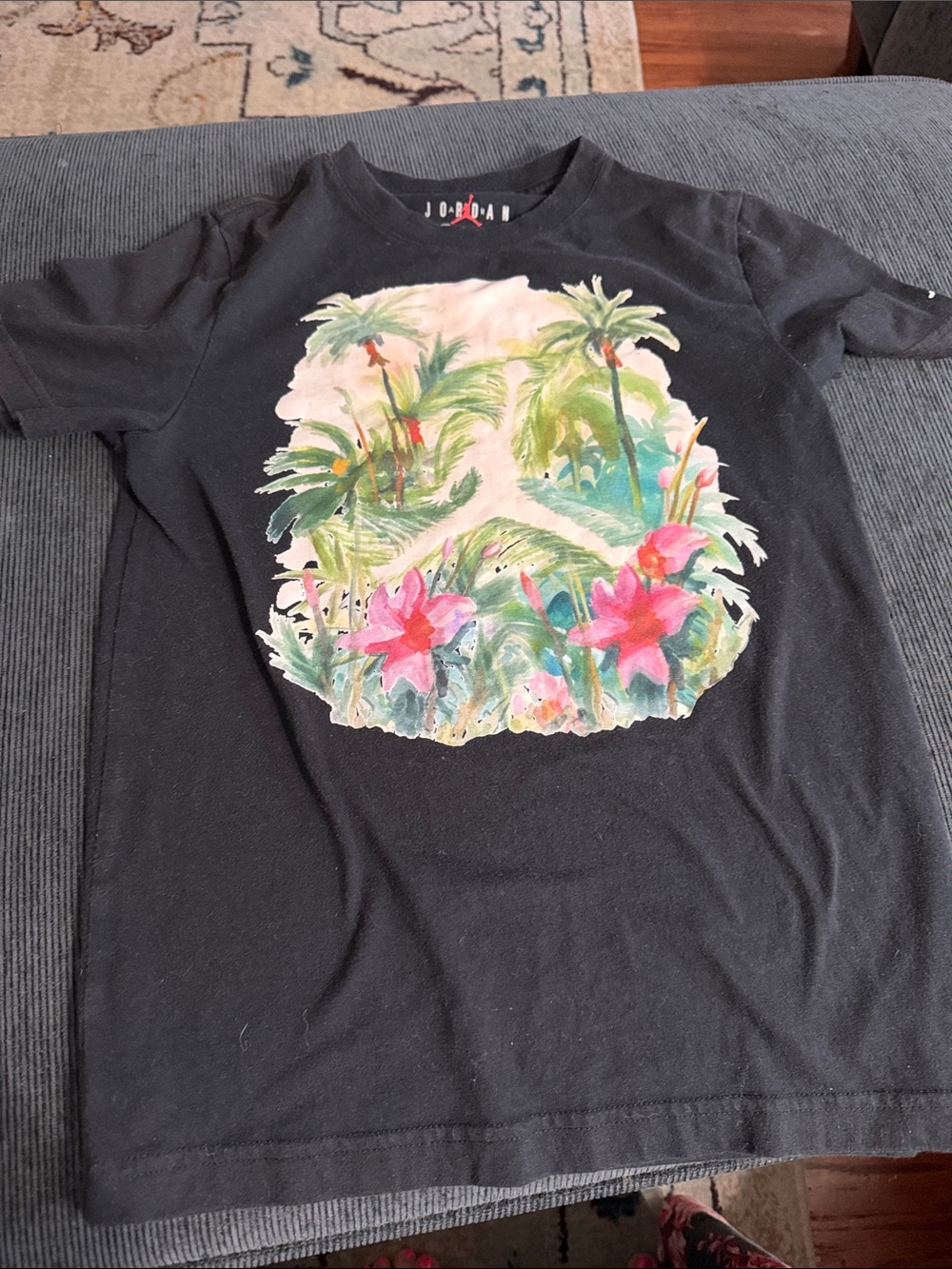 Jordan Black Tee with Tropical Pink & Green Graphic